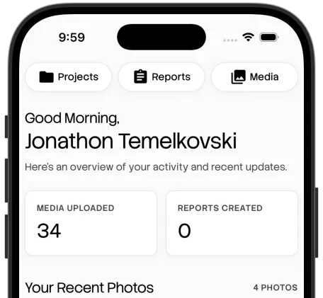WorkReels app interface showing tagged jobsite photos